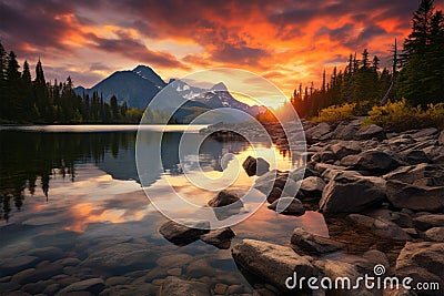 Hiking haven High Tatra mountain peaks, calm lake, autumn sunset Stock Photo