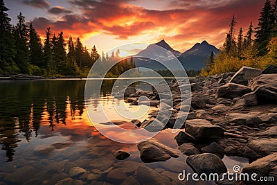 Hiking haven High Tatra mountain peaks, calm lake, autumn sunset Stock Photo