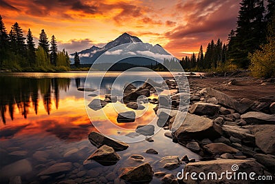 Hiking haven High Tatra mountain peaks, calm lake, autumn sunset Stock Photo