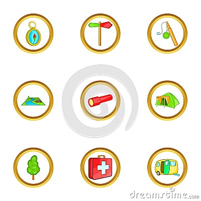 Hiking icons set, cartoon style Vector Illustration