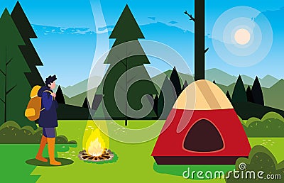 hiking man camp tent bonfire forest filed Cartoon Illustration