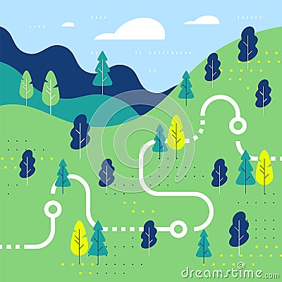 Hiking map, forest trail, running or cycling path, orienteering game, lush landscape with hills and trees Vector Illustration