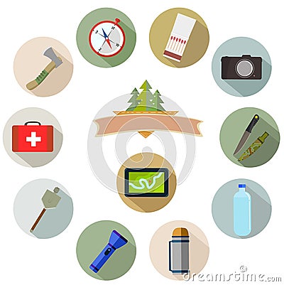 Hiking and mountain icons. Vector Illustration