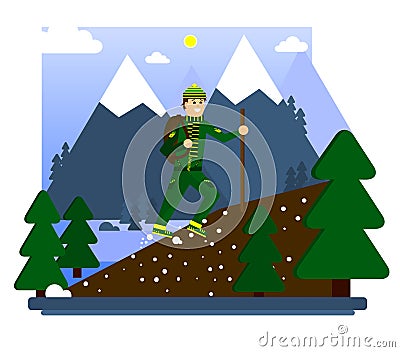 Hiking in the mountains. A happy tourist conquers the top of the mountain. Walking tour. Vector illustration. Flat Cartoon Illustration