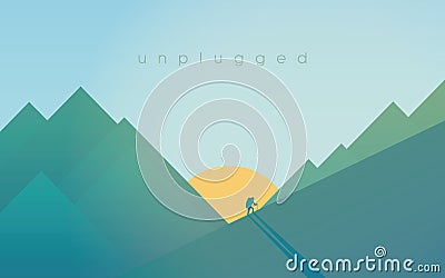 Hiking in mountains during sunset. Sport outdoor adventure relaxation concept with hiker silhouette. Vector Illustration