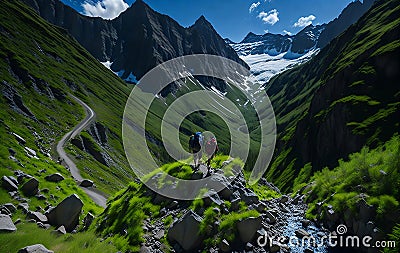 hiking in the mountains surrounded by towering peaks and verdant valleys and waterfall Stock Photo