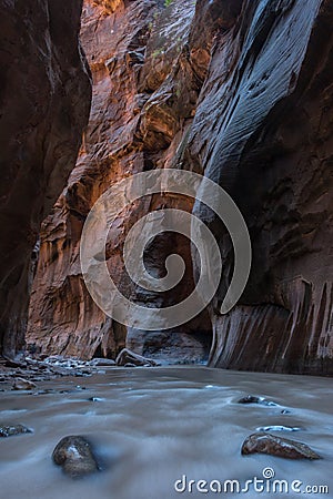 Hiking the narrows in Zion in Fall Stock Photo