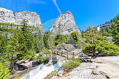 Hiking at Nevada Falls along John Muir Trail and Mist Trail, Yosemite National Park, California. USA Stock Photo