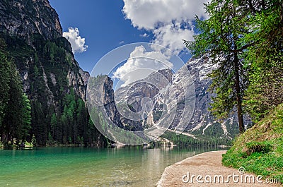 Hiking path along the pearl of the Dolomites, the Pragser wildsee Stock Photo