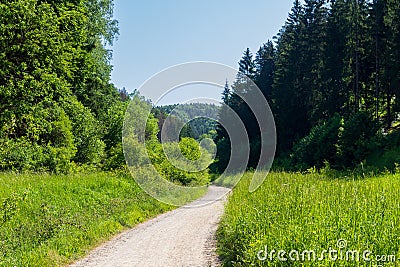 Hiking path, hill panorama and forest with trees near Obertrubach in Franconian Switzerland, Germany Stock Photo