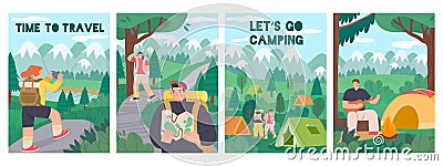 Hiking people poster. Cartoon tourism and active adventure banners with characters on camping. Vector banner Vector Illustration