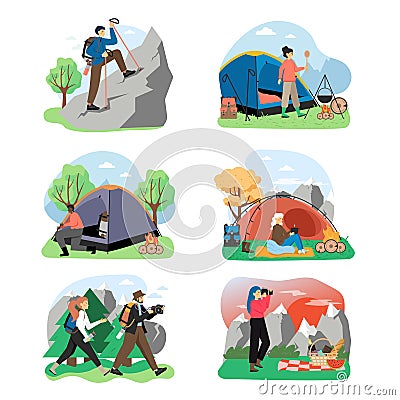 Hiking scene set, flat vector isolated illustration. Trekking, mountain tourism, travel adventure, expedition, camping. Vector Illustration