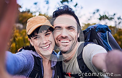 Hiking, selfie and portrait couple on mountain for adventure, holiday and freedom outdoors. Travel, dating and happy man Stock Photo