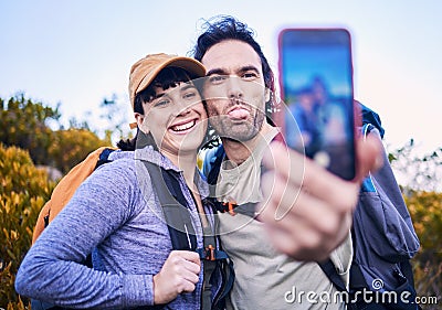 Hiking, silly selfie and couple on mountain for adventure, holiday and journey on mountain. Travel, dating and happy man Stock Photo