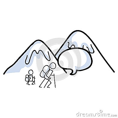 Hiking stick figure line art icon with speech bubble. Carrying backpack, track pole and kidsClimbing parent family trekking with Stock Photo