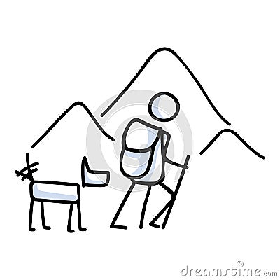 Hiking stick figure mountain with dog line art icon. Carrying backpack, track pole . Outdoor leisure walking, climbing and Stock Photo