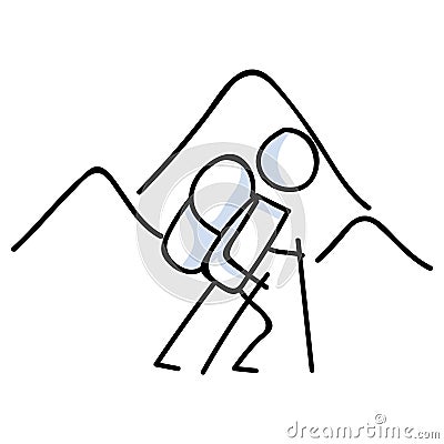 Hiking stick figure near mountain line art icon. Carrying backpack, track pole . Outdoor leisure walking, climbing and trekking Stock Photo