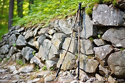 hiking stick leaning on a stone wall Stock Photo