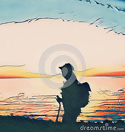 hiking at sunset in japanese oil painting Stock Photo