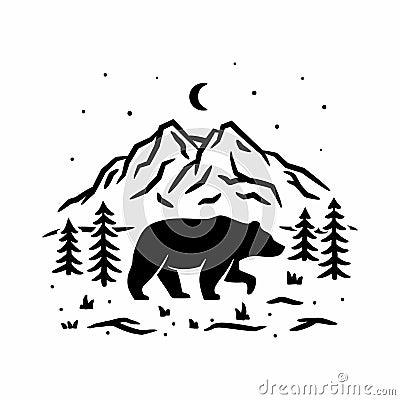 Hiking t-shirt black print with bear and mountains - explore the outdoor Vector Illustration