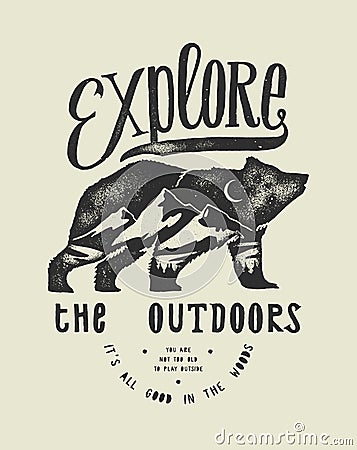 Hiking t-shirt print with grizzly bear and mountains Vector Illustration