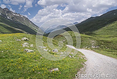 Hiking track in the Alps with mountains in Fimbatal from Ischgl to Heidelberger Hut Stock Photo