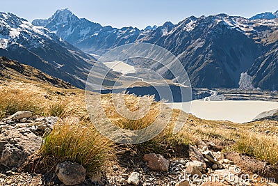 Hiking track in Mount Cook National Park with view of Mt Cook, Hooker valley and glacial lakes, New Zealand Stock Photo