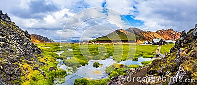 Hiking trail in beautiful colorful volcanic mountains Landmannalaugar in Iceland Editorial Stock Photo