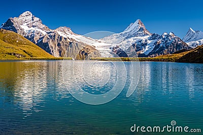 Encountering Bachalpsee when hiking First to Grindelwald Bernese Alps, Switzerland. Stock Photo
