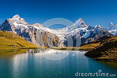 Encountering Bachalpsee when hiking First to Grindelwald Bernese Alps, Switzerland. Stock Photo