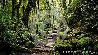 hiking trail meandering through lush rainforest, Generative AI Stock Photo