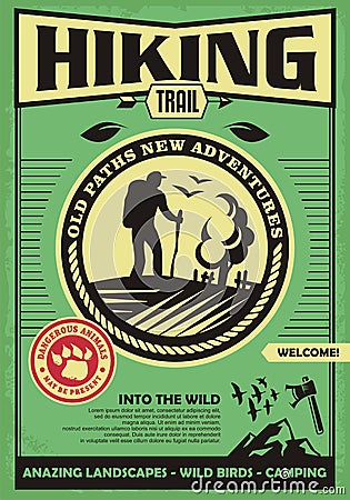 Hiking trail promotional retro poster design Vector Illustration