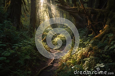 hiking trail winding through magical forest, with sunlight filtering through the trees Stock Photo