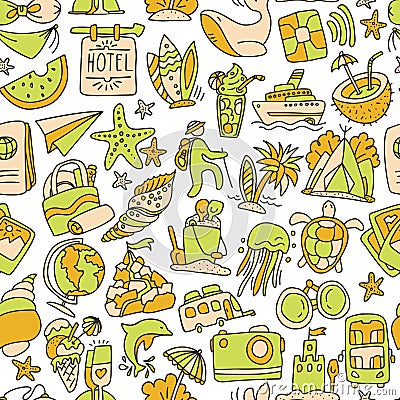 Hiking and trekking travel seamless pattern. Endless repeatable background with cartooning traveling elements about Vector Illustration