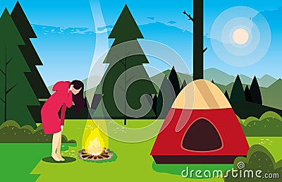 hiking woman camp tent bonfire forest filed Cartoon Illustration