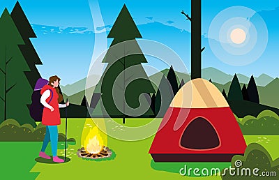 hiking woman camp tent bonfire forest filed Cartoon Illustration