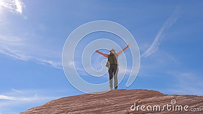 Hiking Woman Happy Of Achievement Arms Up Raised To The Sky And Swirling Around Stock Photo