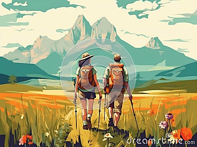 man woman hill hike camping nature vacation illustration family couple tent forest. Generative AI. Cartoon Illustration