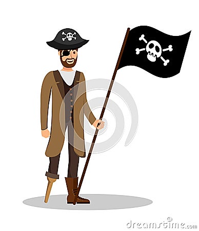 Hilarious Pirate Captain with Flag Illustration Vector Illustration