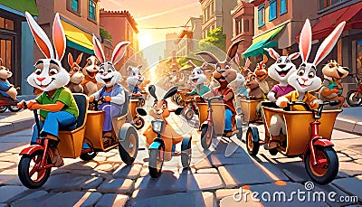 Hilarious rabbits ride tricycle scooter downtown Cartoon Illustration