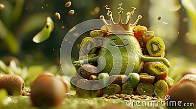 A hilarious sight of a kiwi king with a crown made of kiwi fruit sitting on a throne made entirely out of kiwi seeds Stock Photo