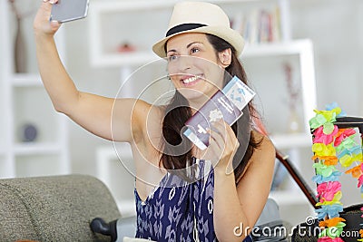 hilarious smiling woman making photo Stock Photo