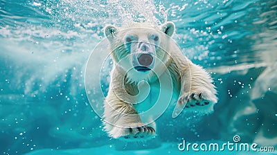 Hilarious underwater scene polarbear in pool plays deep dive action, Ai Generated Stock Photo