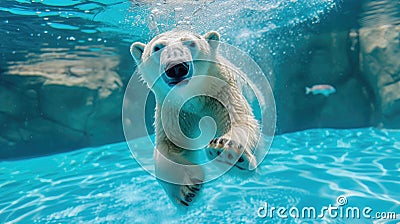 Hilarious underwater scene polarbear in pool plays deep dive action, Ai Generated Stock Photo