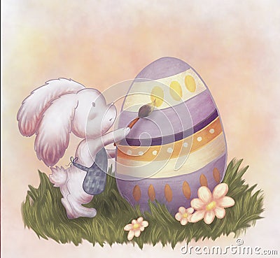 Ð¡hildish illustration with cute rabbit painting the egg. Easter wallpaper Cartoon Illustration