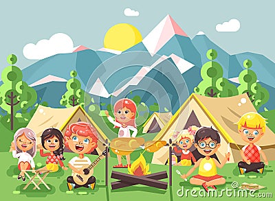 Hildren boy sings playing guitar with girl scouts, camping on nature, hike tents and backpacks, adventure park outdoor Vector Illustration