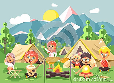 Hildren boy sings playing guitar with girl scouts, camping on nature, hike tents and backpacks, adventure park outdoor Vector Illustration