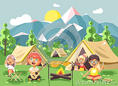 Hildren boy sings playing guitar with girl scouts, camping on nature, hike tents and backpacks, adventure park outdoor Vector Illustration