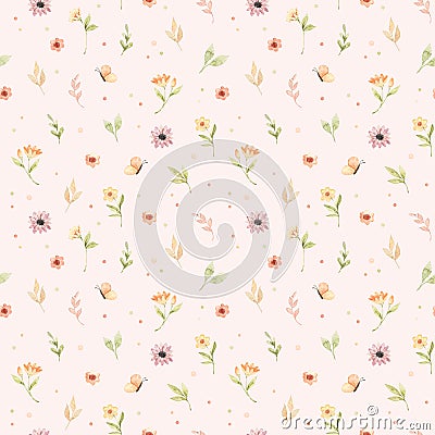 Ð¡hildren`s watercolor seamless pattern. Floral and colorful polka dot background. Design of flowers, leaves, circles and Stock Photo