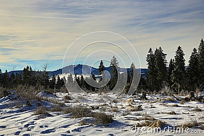 Hill Arber, Cloudes and trees, winter landscape in Å umava in Å½eleznÃ¡ Ruda, czech republic Stock Photo